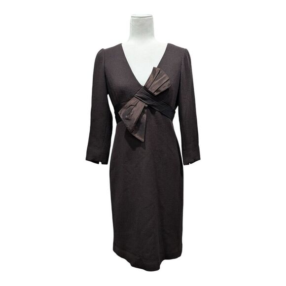 Rickie Freeman for Teri Jon Chocolate Brown 100% Wool Crepe Tuxedo Bow Dress, 6 - Picture 1 of 11